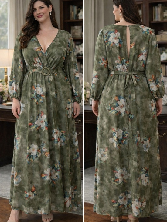 Dresses & Skirts - Olive Floral V-Neck Maxi Dress with Belt